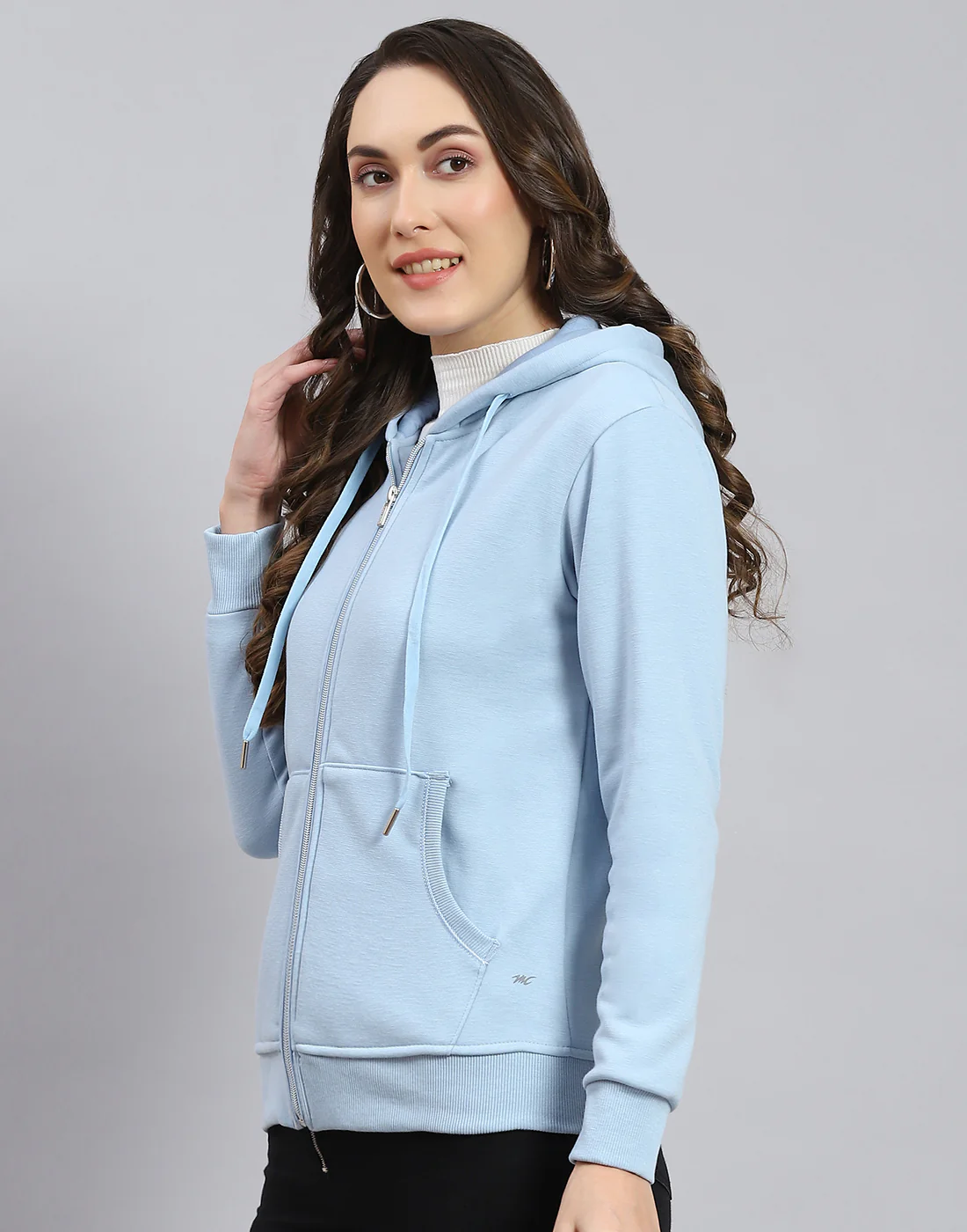 Women Blue Solid Hooded Full Sleeve Sweatshirt - Image 3