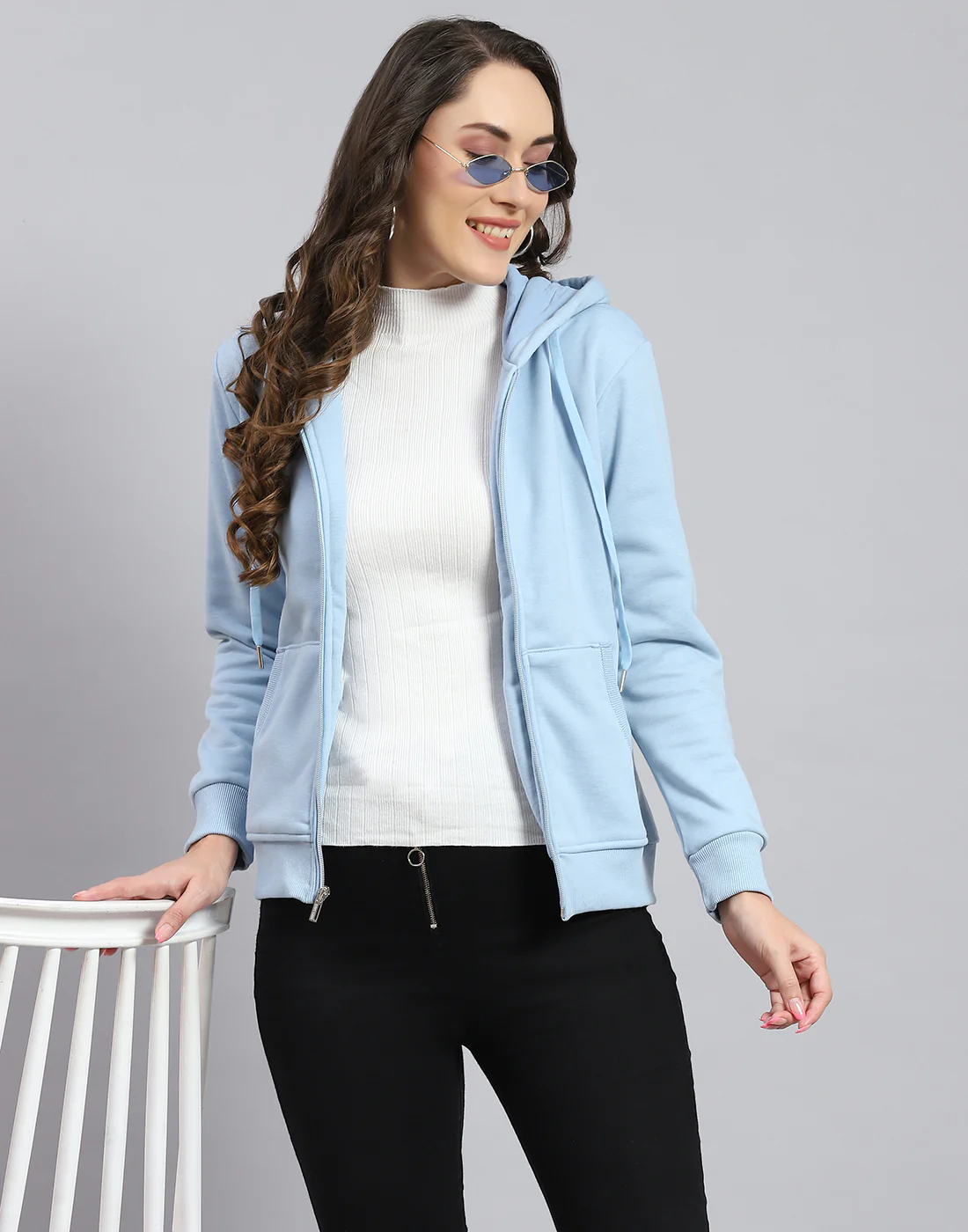 Women Blue Solid Hooded Full Sleeve Sweatshirt - Image 7