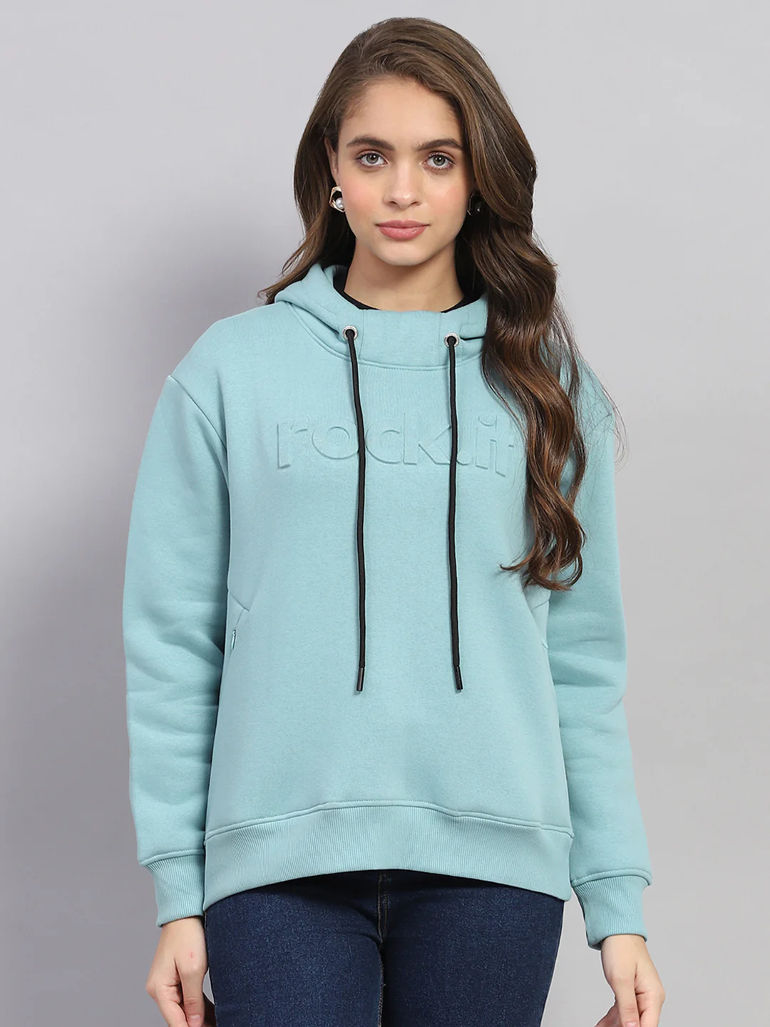 Rock.it Women Blue Solid Hooded Full Sleeve Sweatshirt - Image 2