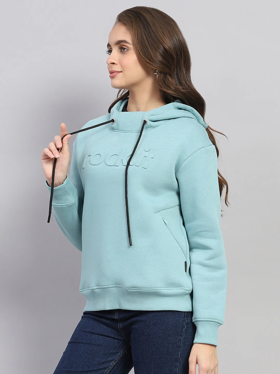 Rock.it Women Blue Solid Hooded Full Sleeve Sweatshirt - Image 3