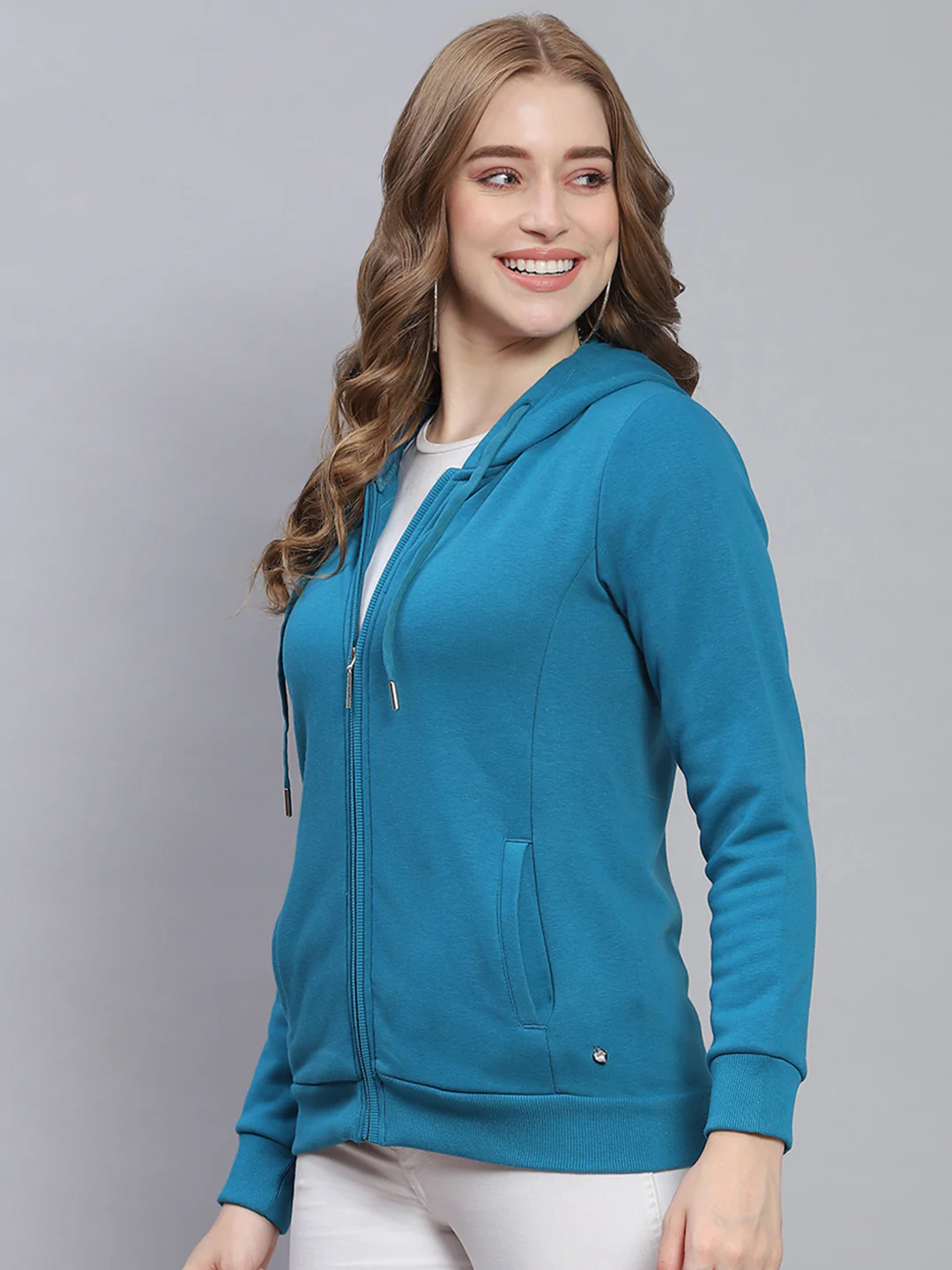 Women Blue Solid Hooded Full Sleeve Sweatshirts - Image 3