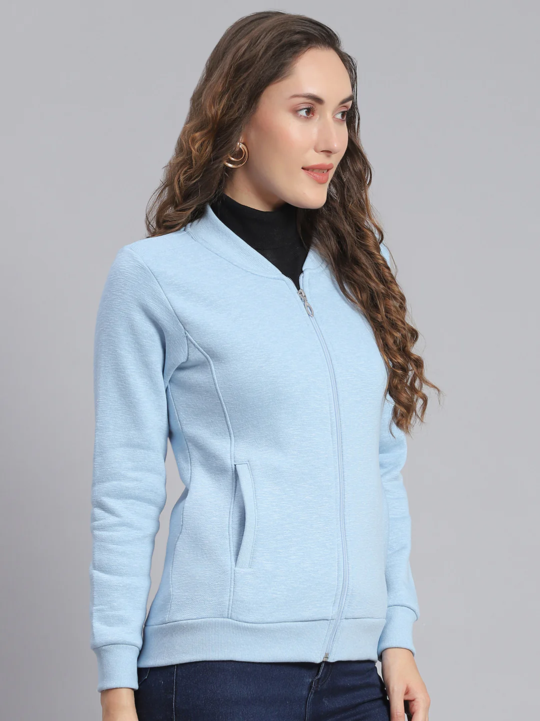 Women Blue Solid Mandarin Collar Full Sleeve Sweatshirts - Image 4
