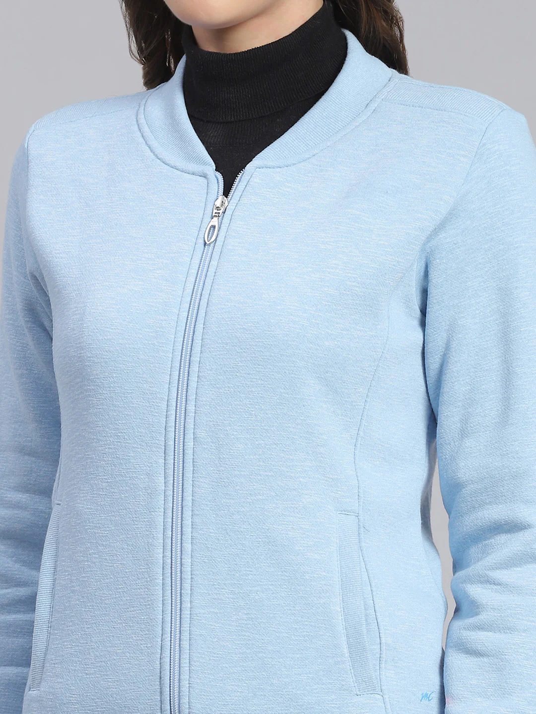 Women Blue Solid Mandarin Collar Full Sleeve Sweatshirts - Image 6