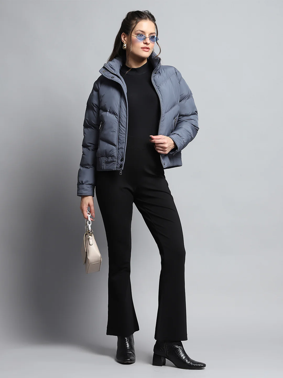 Women Blue Solid Mock Neck Full Sleeve Jacket - Image 2