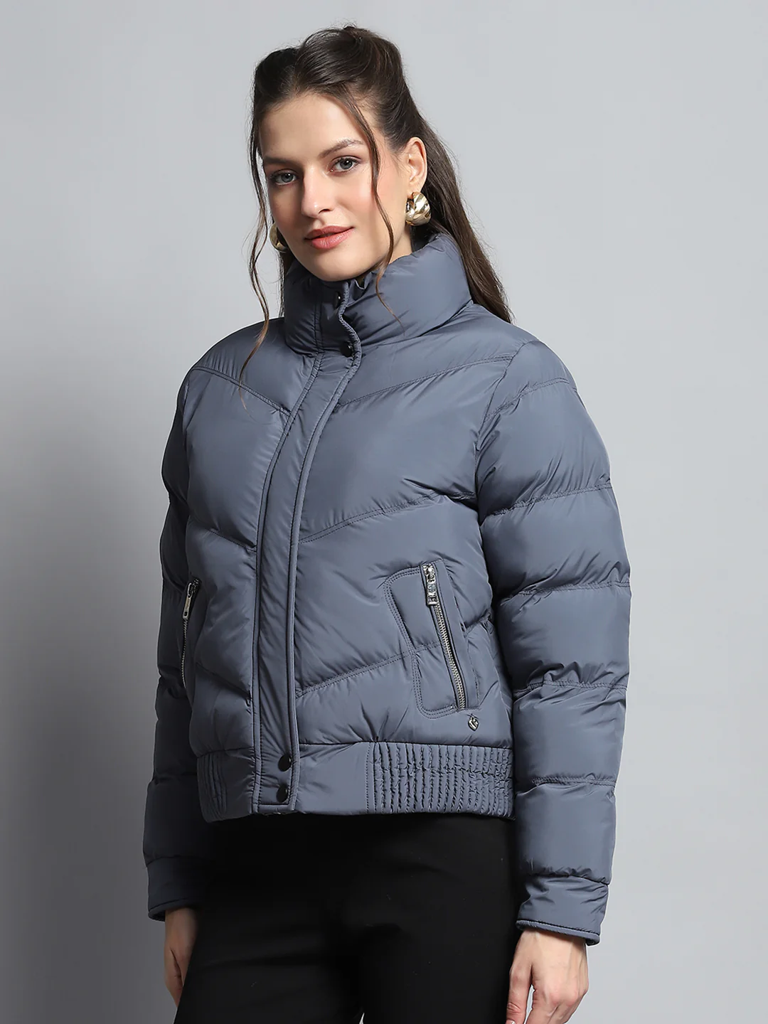 Women Blue Solid Mock Neck Full Sleeve Jacket - Image 3