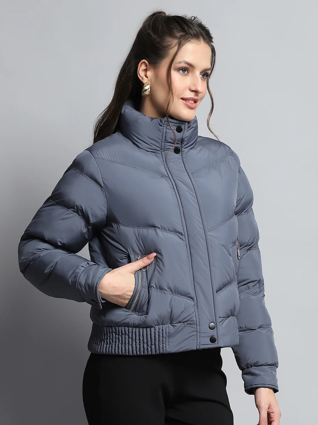 Women Blue Solid Mock Neck Full Sleeve Jacket - Image 4
