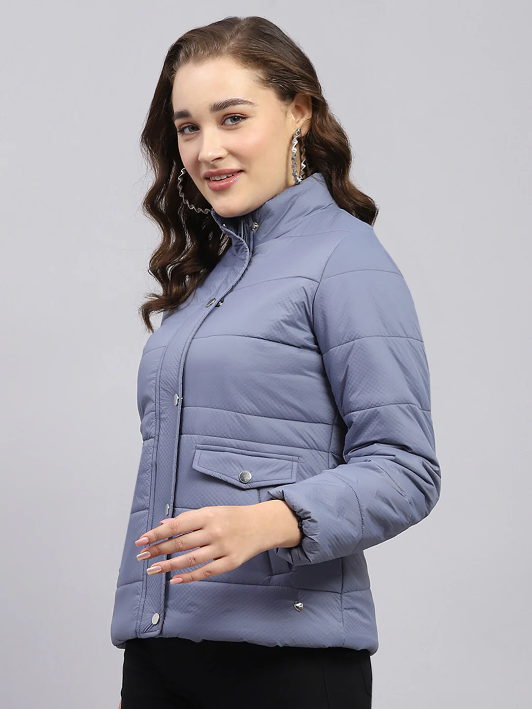 Women Blue Solid Mock Neck Full Sleeve Jacket - Image 3