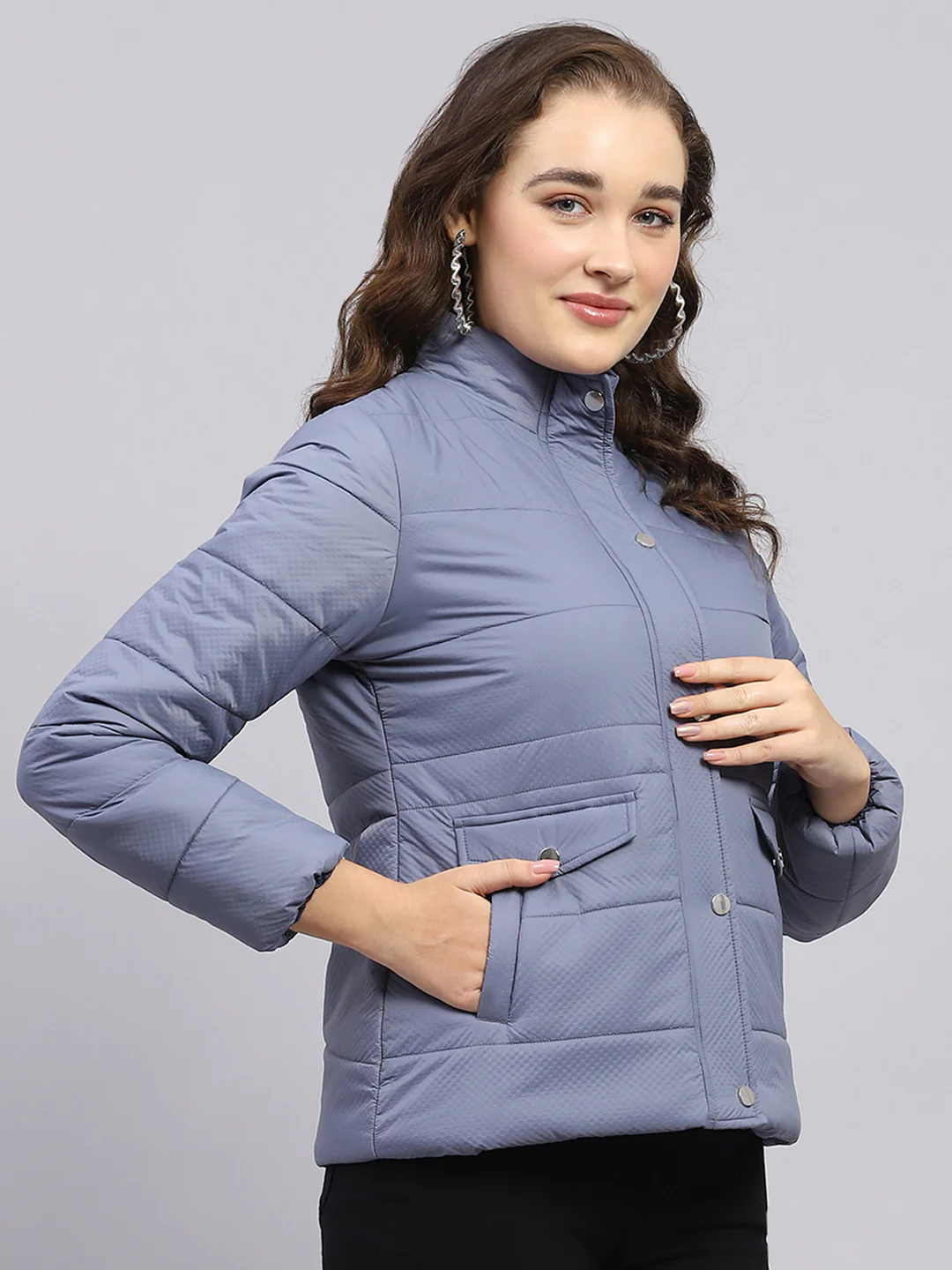 Women Blue Solid Mock Neck Full Sleeve Jacket - Image 4