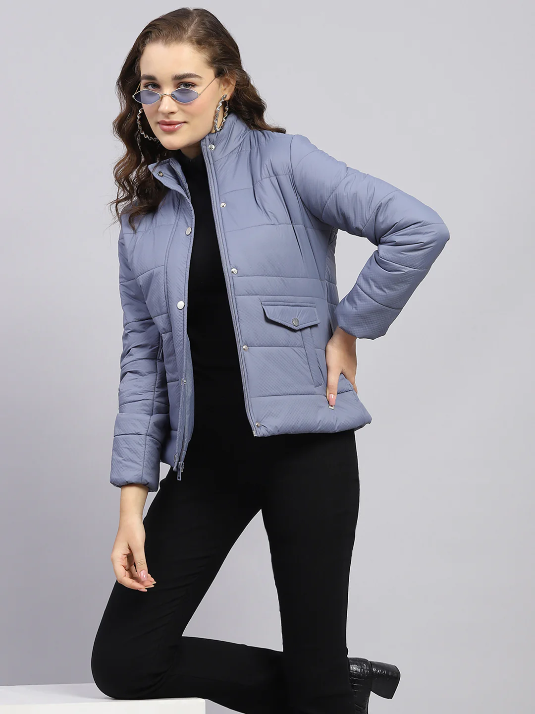 Women Blue Solid Mock Neck Full Sleeve Jacket - Image 6