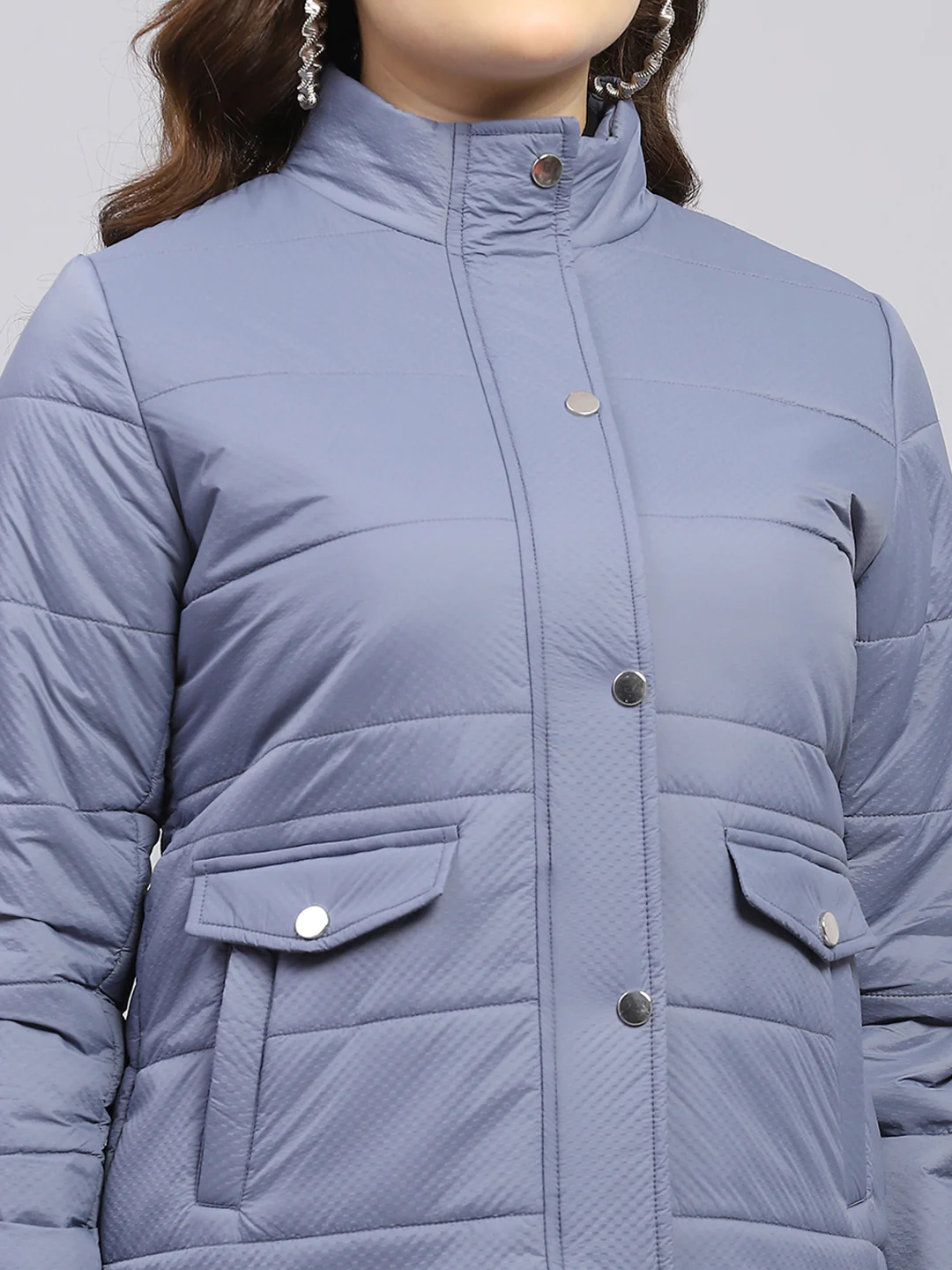 Women Blue Solid Mock Neck Full Sleeve Jacket - Image 7