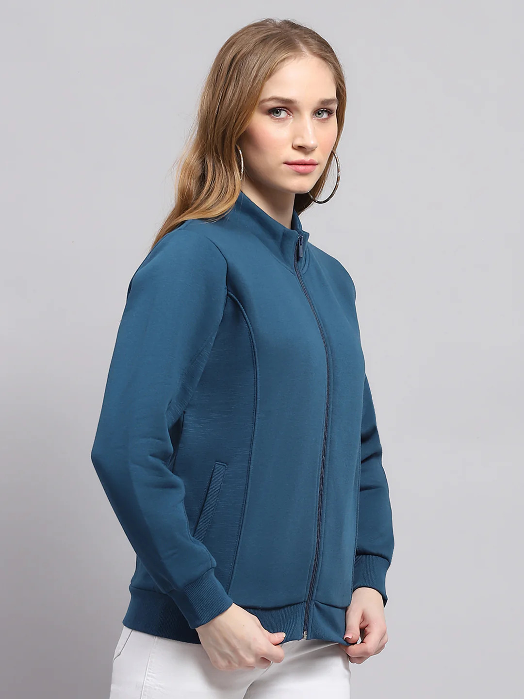 Women Blue Solid Mock Neck Full Sleeve Sweatshirt - Image 4
