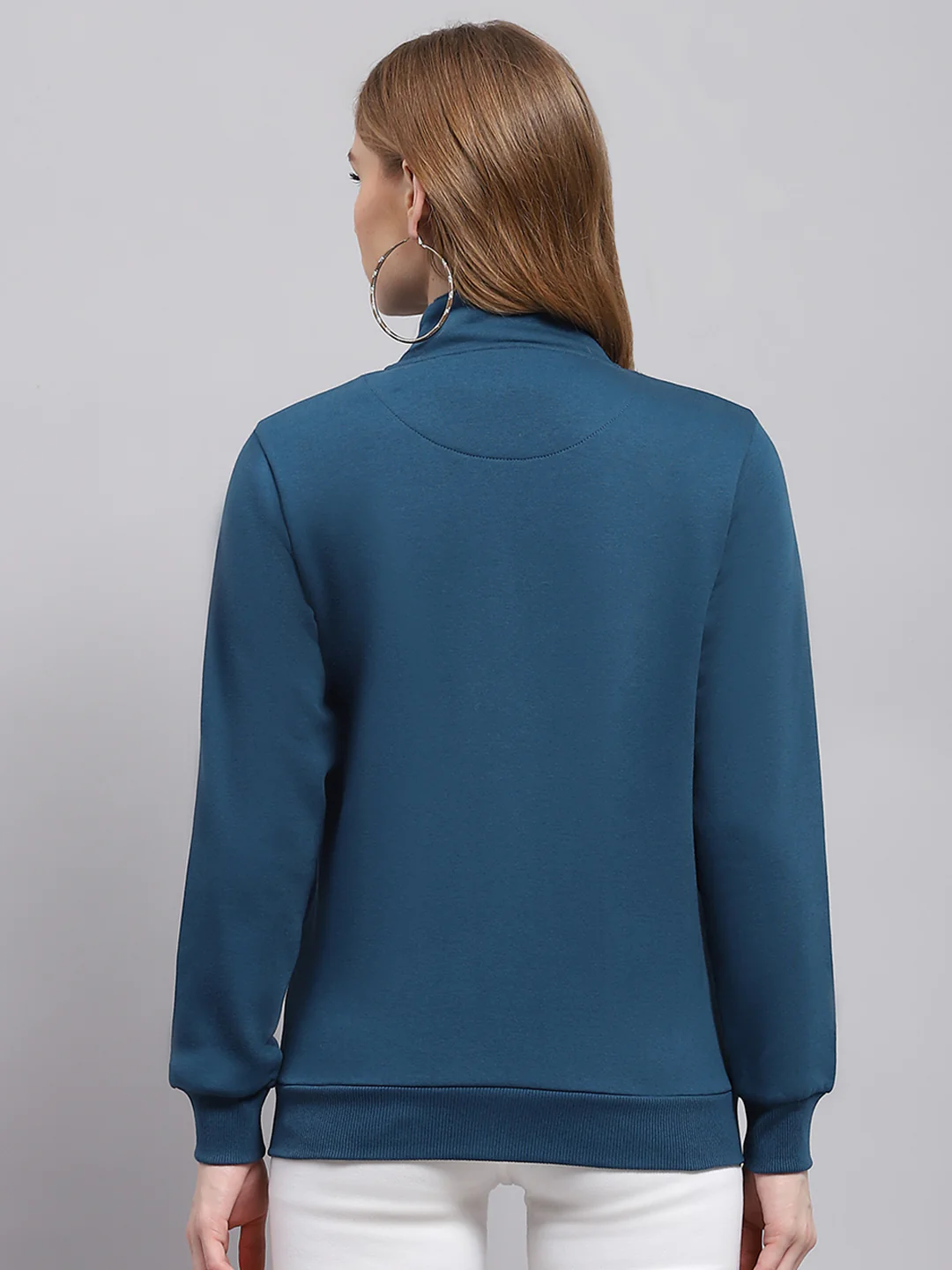 Women Blue Solid Mock Neck Full Sleeve Sweatshirt - Image 5
