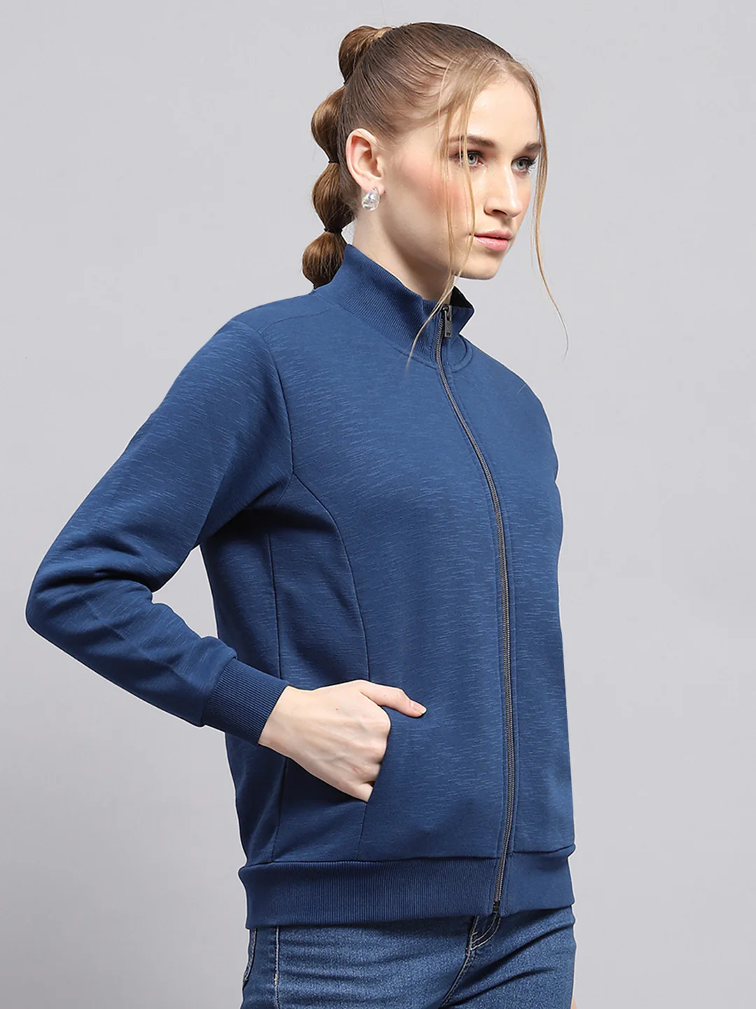 Women Blue Solid Mock Neck Full Sleeve Sweatshirt - Image 4