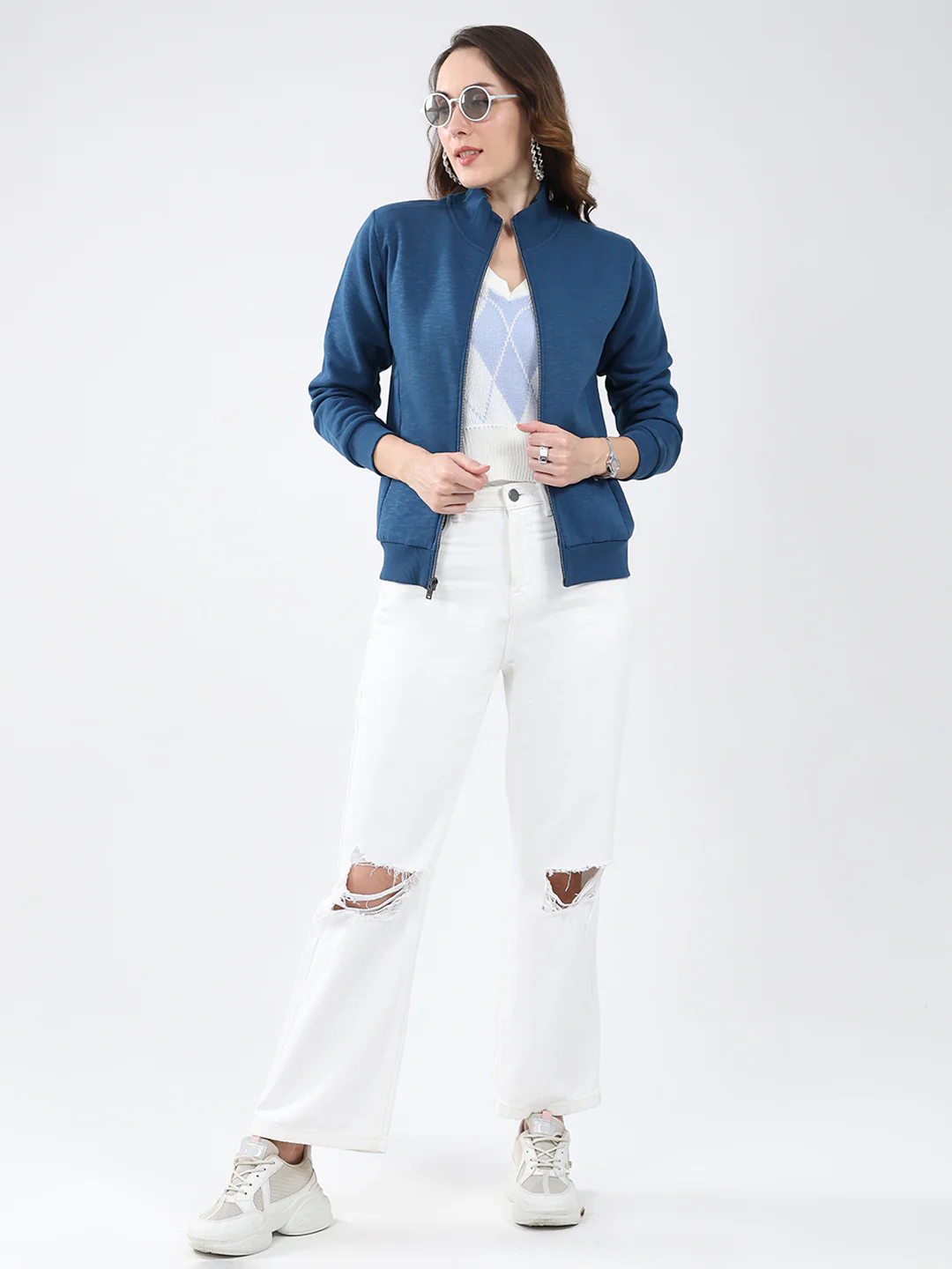 Women Blue Solid Mock Neck Full Sleeve Sweatshirt - Image 2