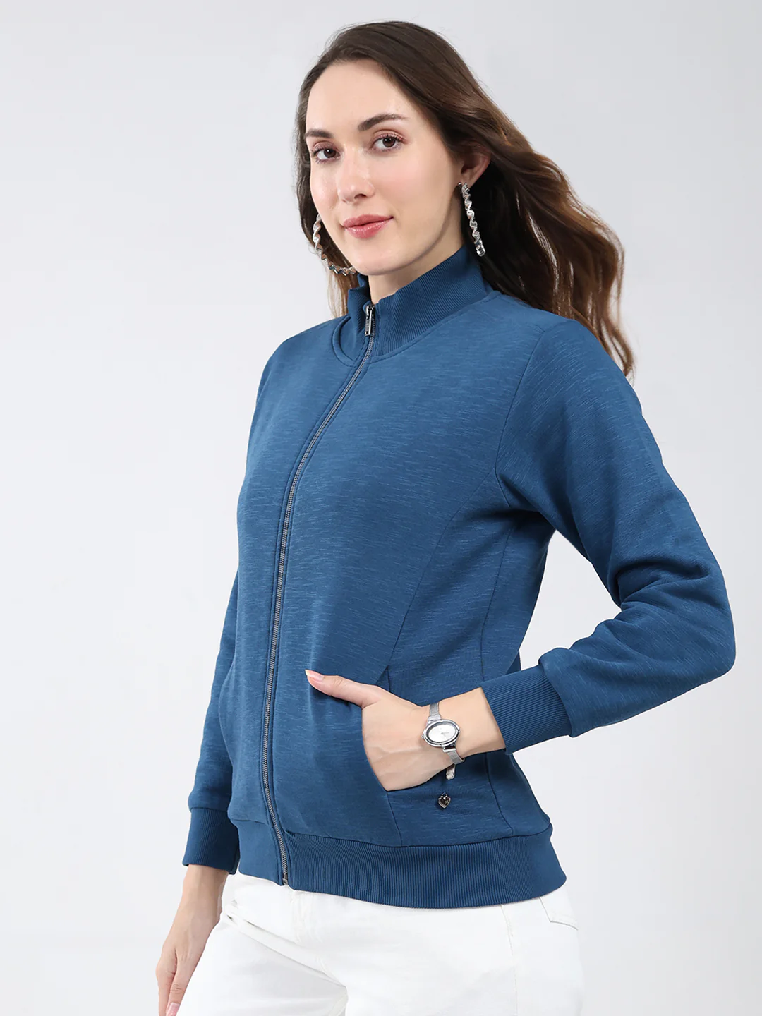Women Blue Solid Mock Neck Full Sleeve Sweatshirt - Image 3