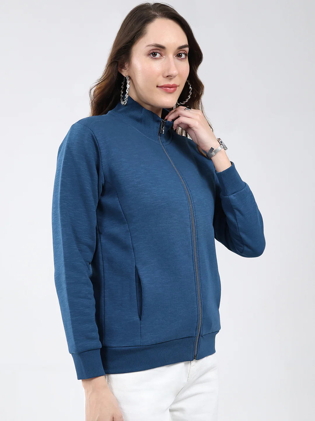 Women Blue Solid Mock Neck Full Sleeve Sweatshirt - Image 4