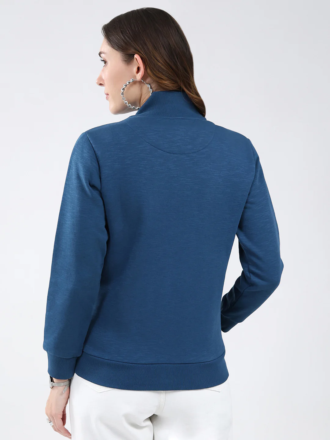 Women Blue Solid Mock Neck Full Sleeve Sweatshirt - Image 5