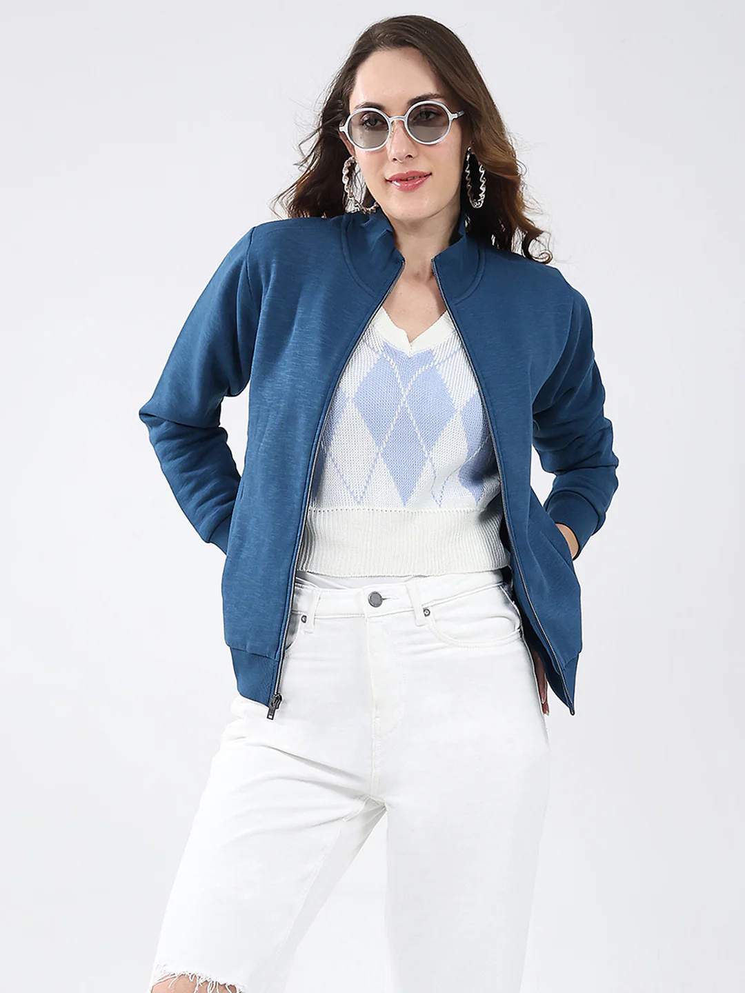 Women Blue Solid Mock Neck Full Sleeve Sweatshirt - Image 6