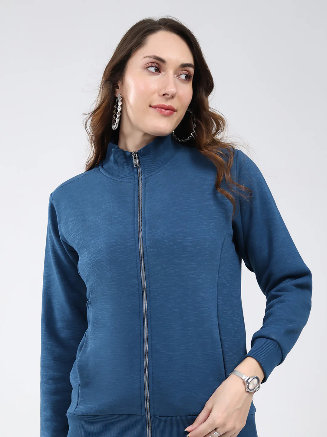 Women Blue Solid Mock Neck Full Sleeve Sweatshirt - Image 7