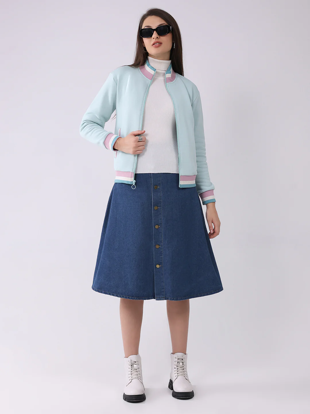 Women Blue Solid Mock Neck Full Sleeve Sweatshirt - Image 2