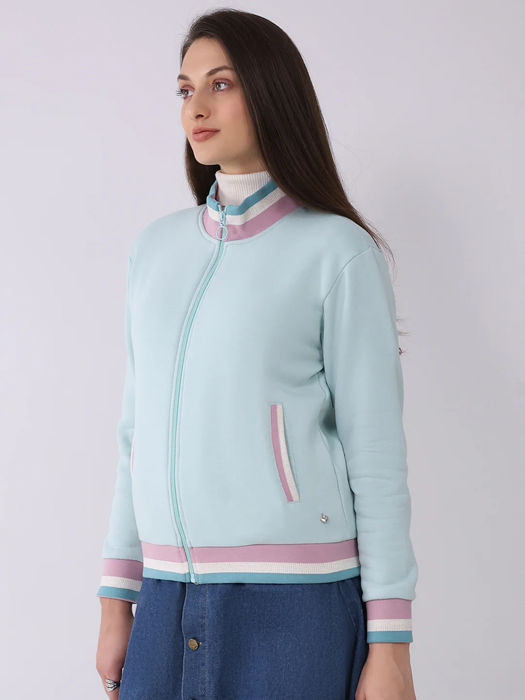 Women Blue Solid Mock Neck Full Sleeve Sweatshirt - Image 3