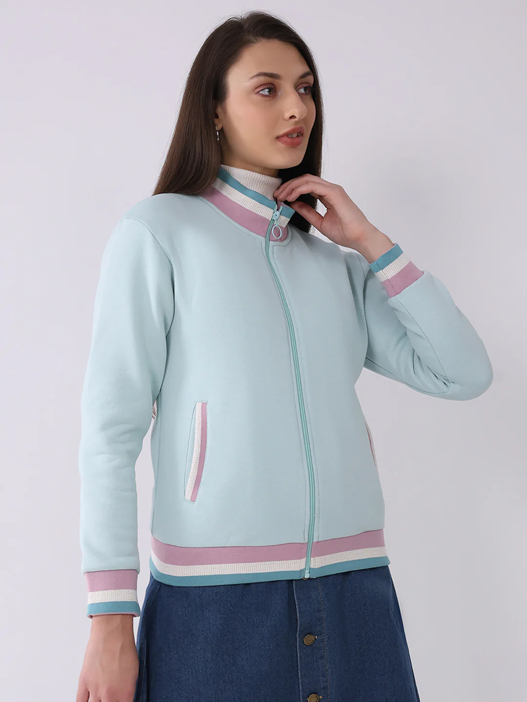 Women Blue Solid Mock Neck Full Sleeve Sweatshirt - Image 4