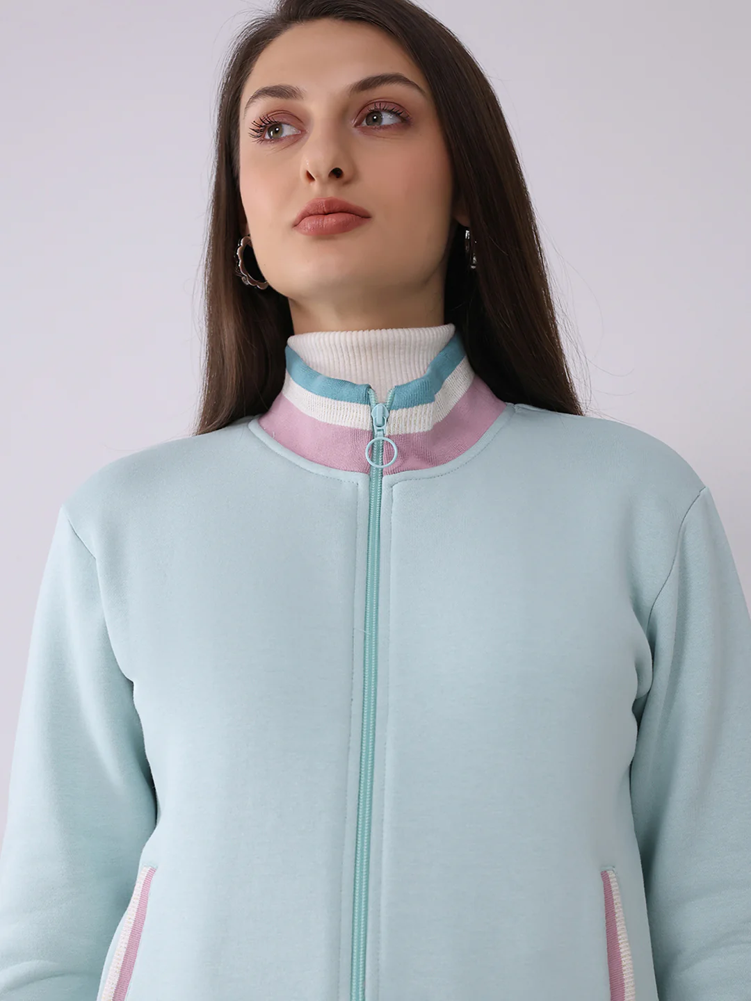 Women Blue Solid Mock Neck Full Sleeve Sweatshirt - Image 6