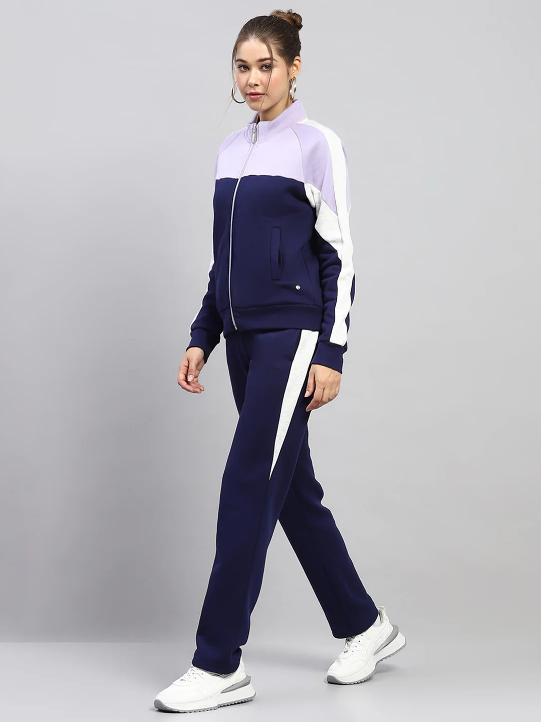 Women Blue Solid Mock Neck Full Sleeve Tracksuit - Image 3