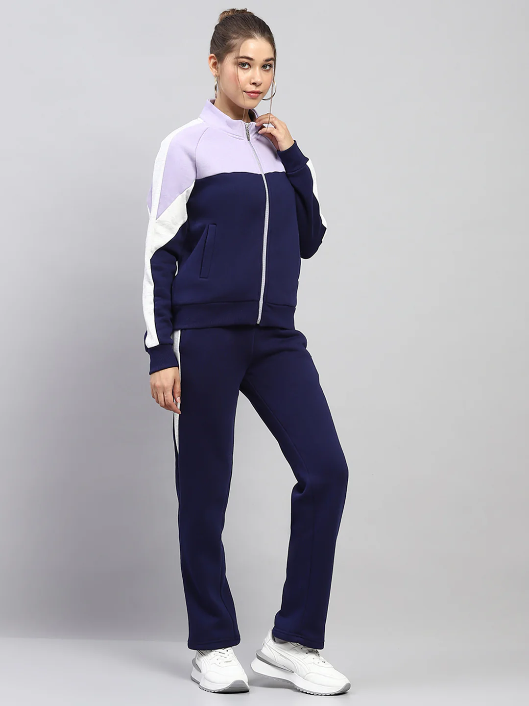 Women Blue Solid Mock Neck Full Sleeve Tracksuit - Image 4
