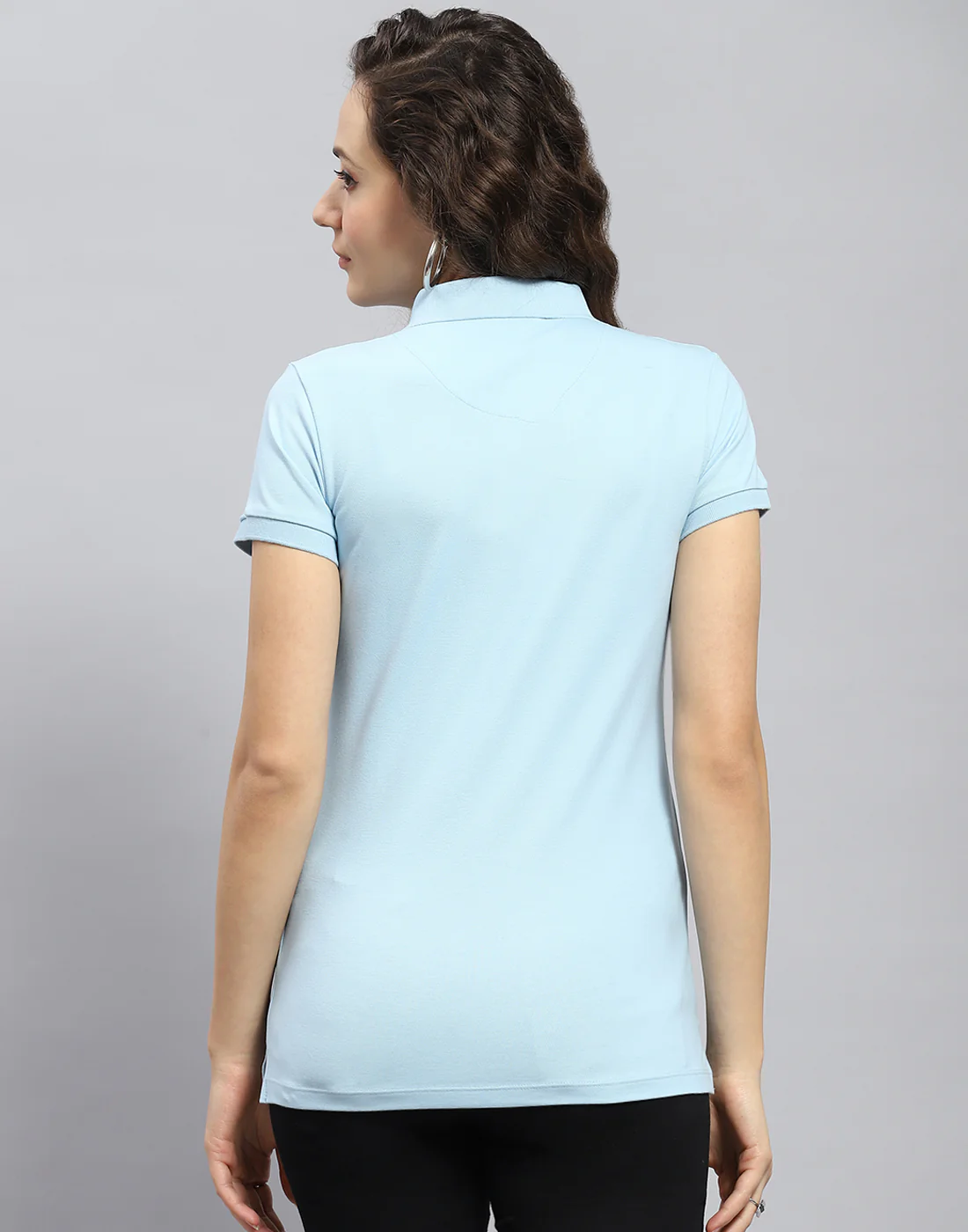 Women Blue Solid Polo Collar Half Sleeve T-Shirt - Image 5