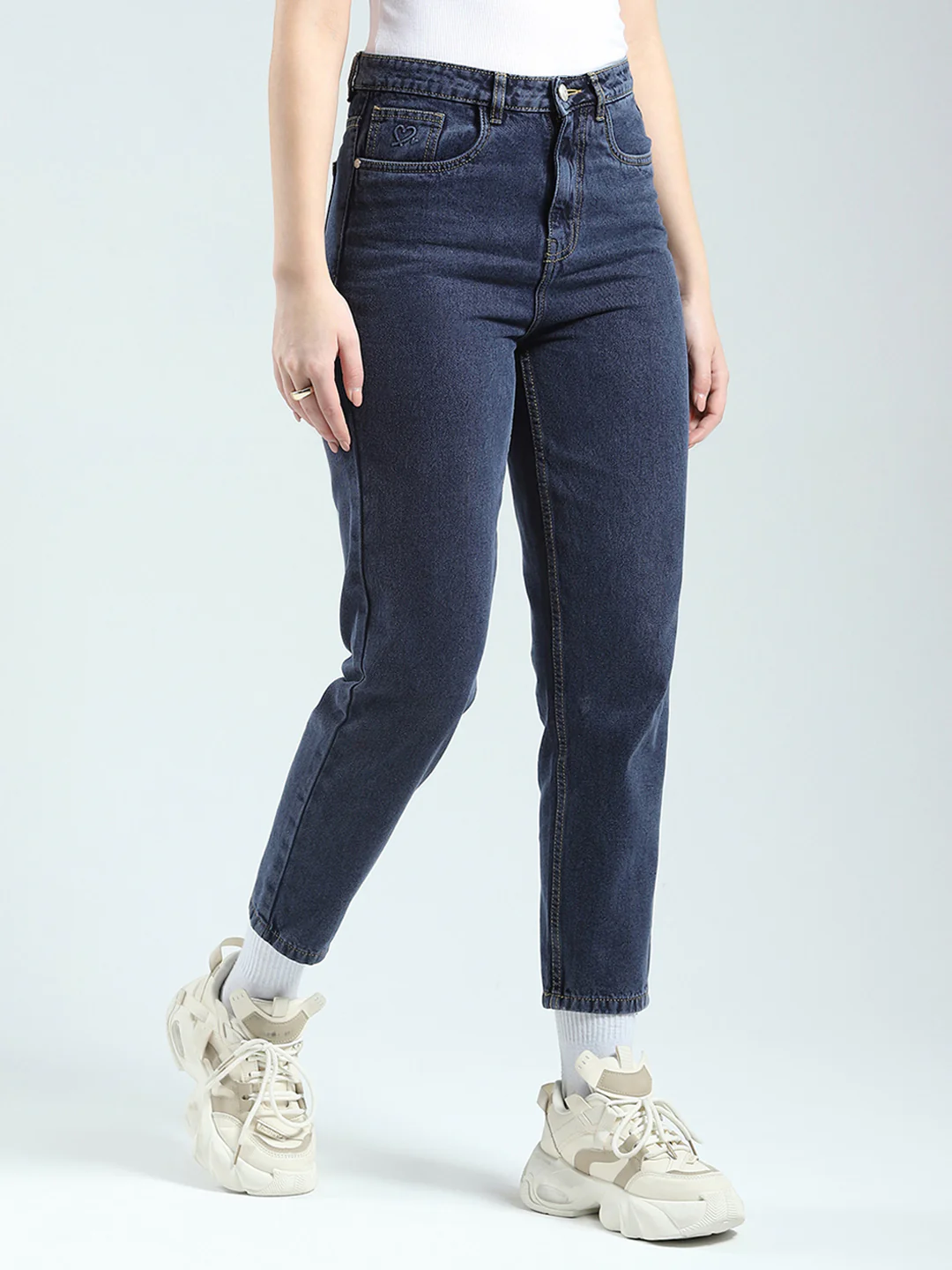 Women Blue Solid Regular Fit Denim - Image 4