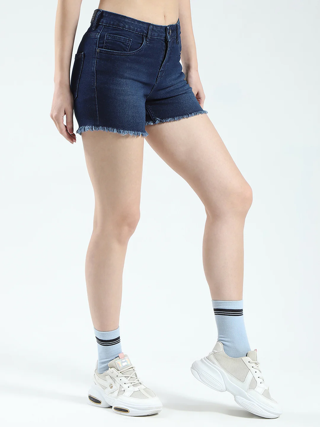 Women Blue Solid Regular Fit Shorts - Image 4