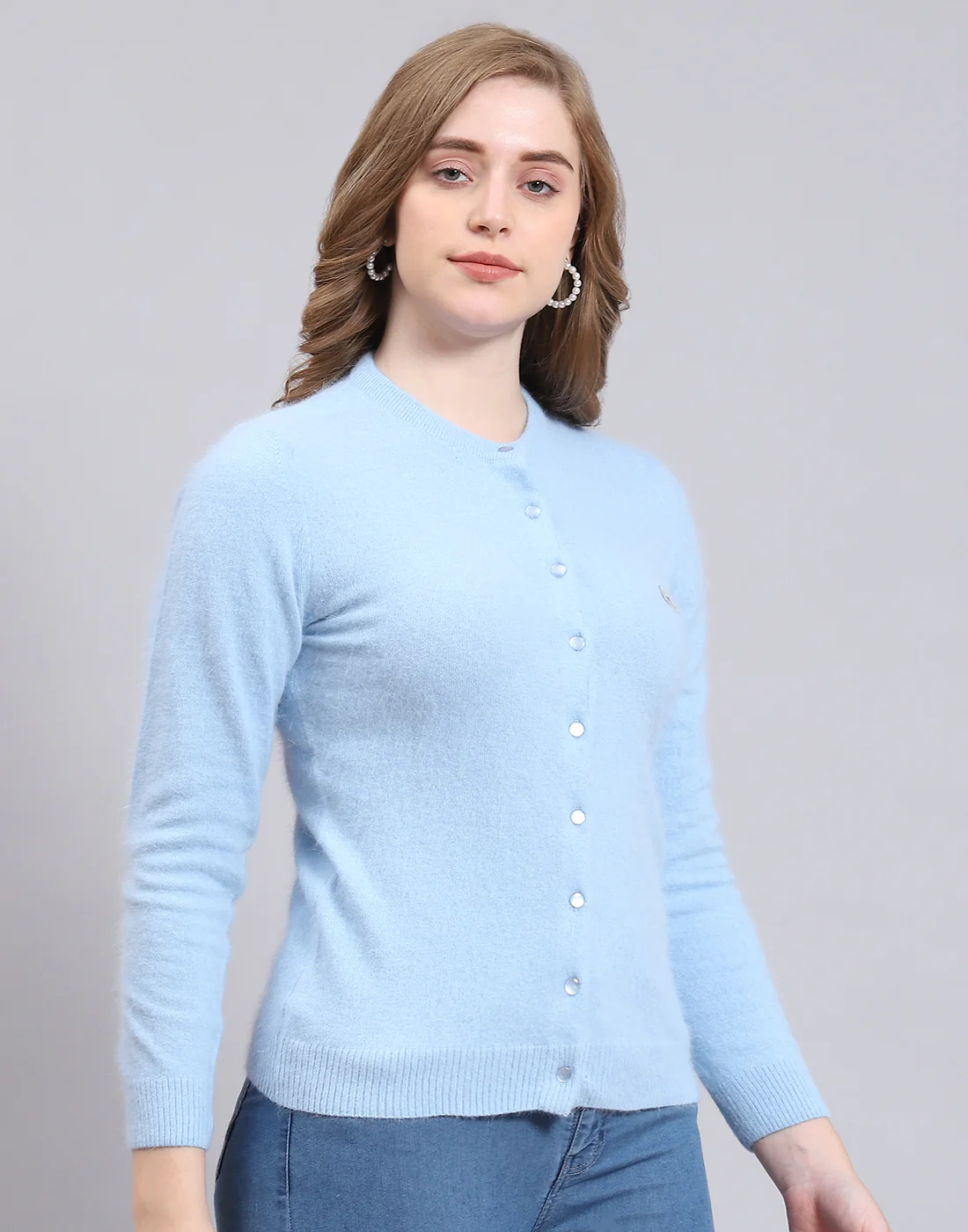 Women Blue Solid Round Neck Full Sleeve Cardigan - Image 4