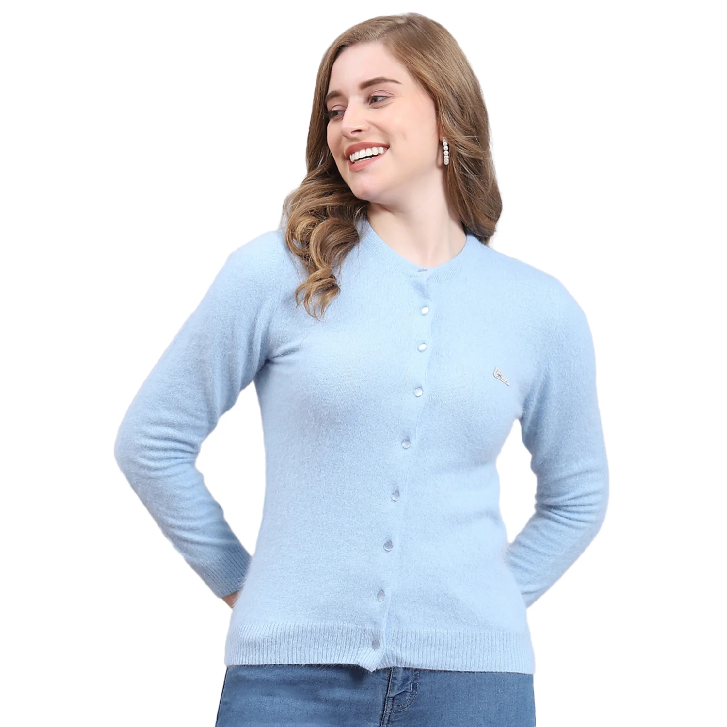 Women Blue Solid Round Neck Full Sleeve Cardigan - Image 5