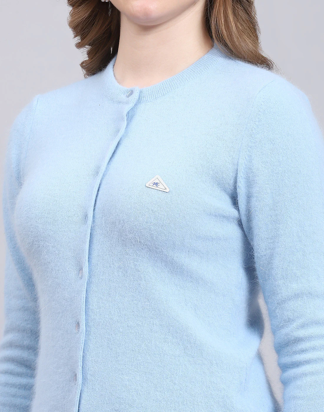 Women Blue Solid Round Neck Full Sleeve Cardigan - Image 7
