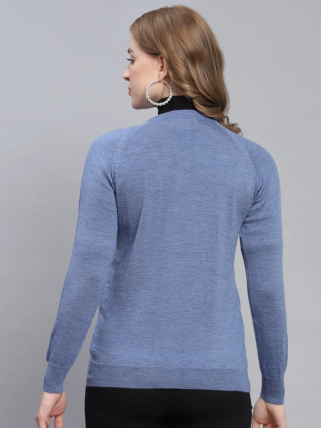 Women Blue Solid Round Neck Full Sleeve Cardigan - Image 5