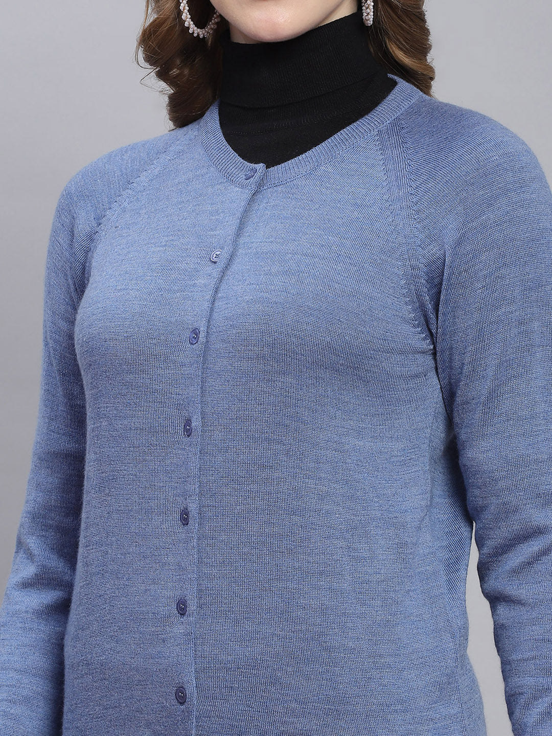 Women Blue Solid Round Neck Full Sleeve Cardigan - Image 6