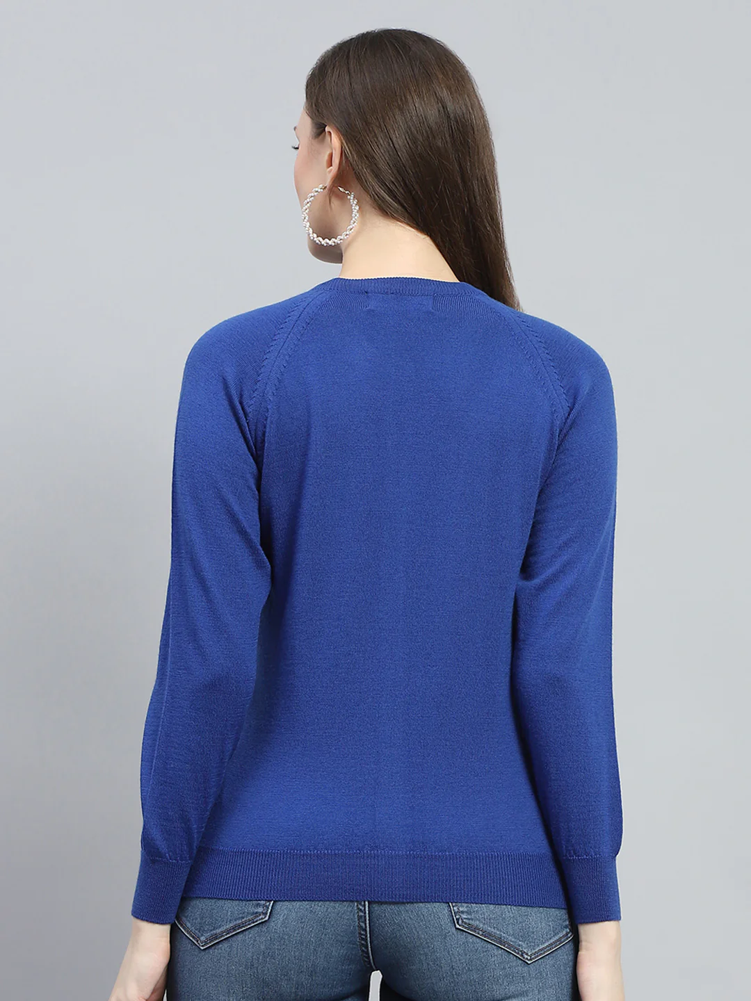 Women Blue Solid Round Neck Full Sleeve Cardigan - Image 5