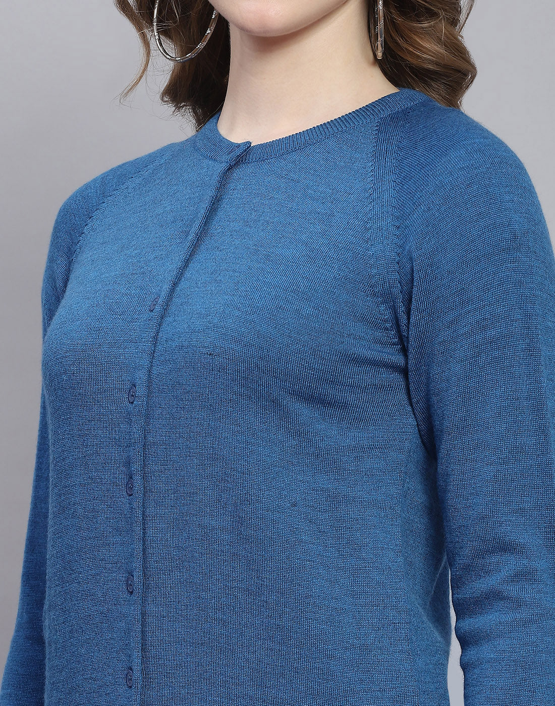 Women Blue Solid Round Neck Full Sleeve Cardigan - Image 6