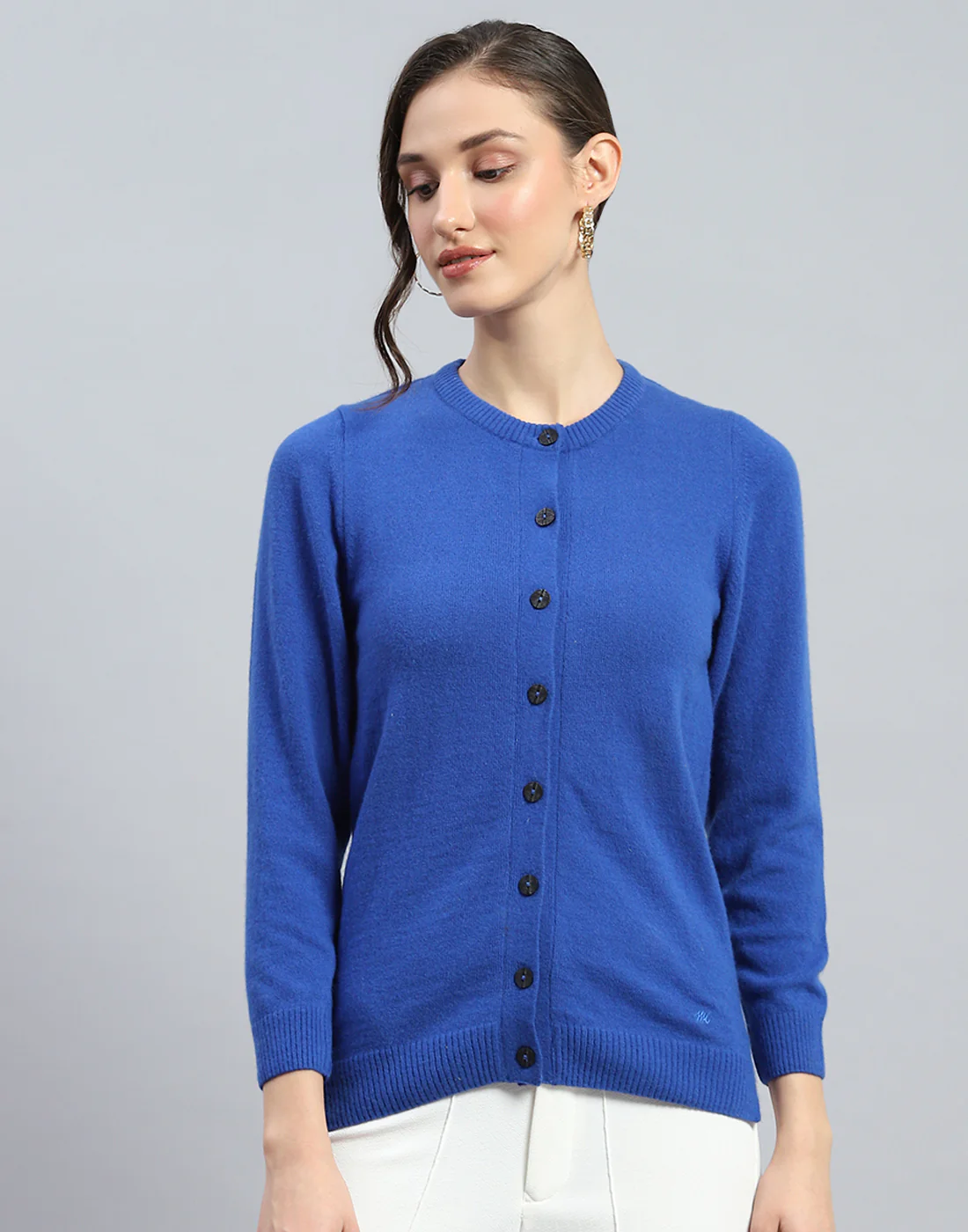 Women Blue Solid Round Neck Full Sleeve Cardigan - Image 2