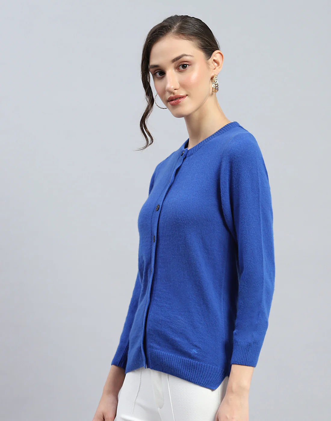 Women Blue Solid Round Neck Full Sleeve Cardigan - Image 3