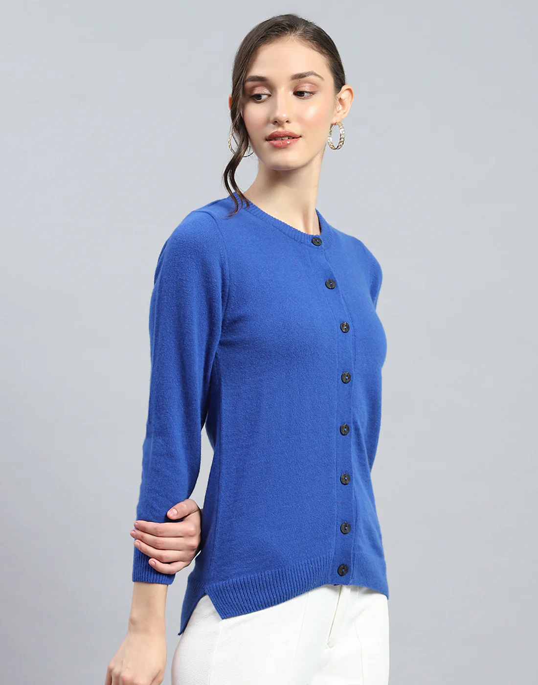 Women Blue Solid Round Neck Full Sleeve Cardigan - Image 4