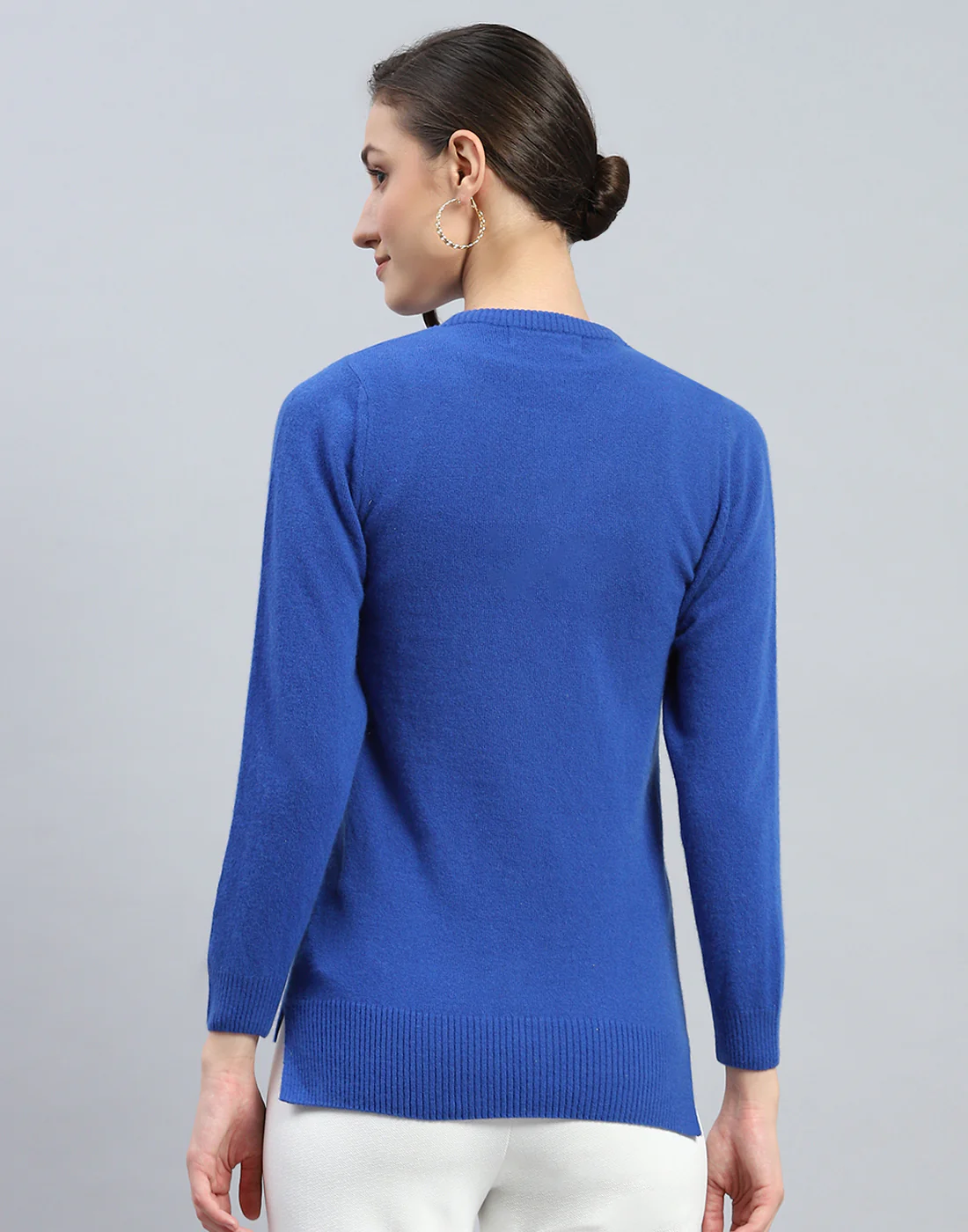 Women Blue Solid Round Neck Full Sleeve Cardigan - Image 5