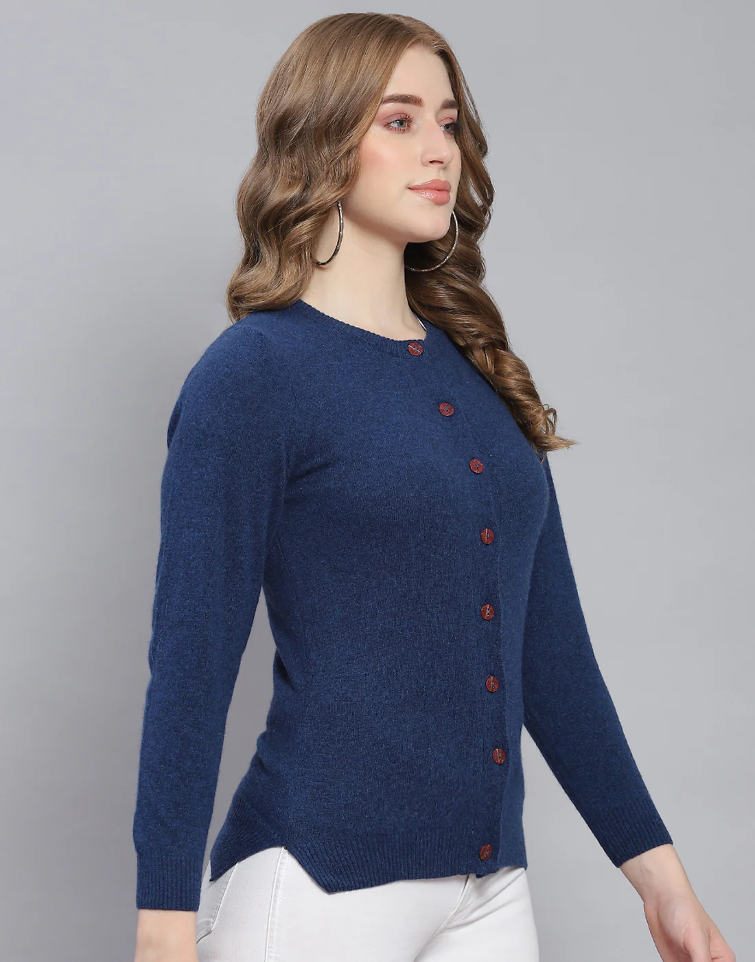 Women Blue Solid Round Neck Full Sleeve Cardigan - Image 4