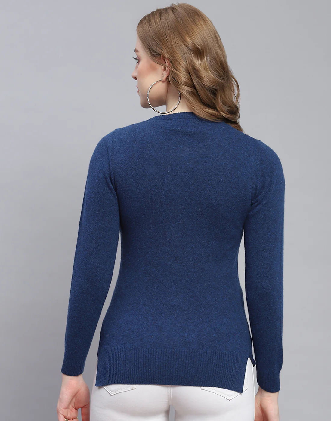 Women Blue Solid Round Neck Full Sleeve Cardigan - Image 5