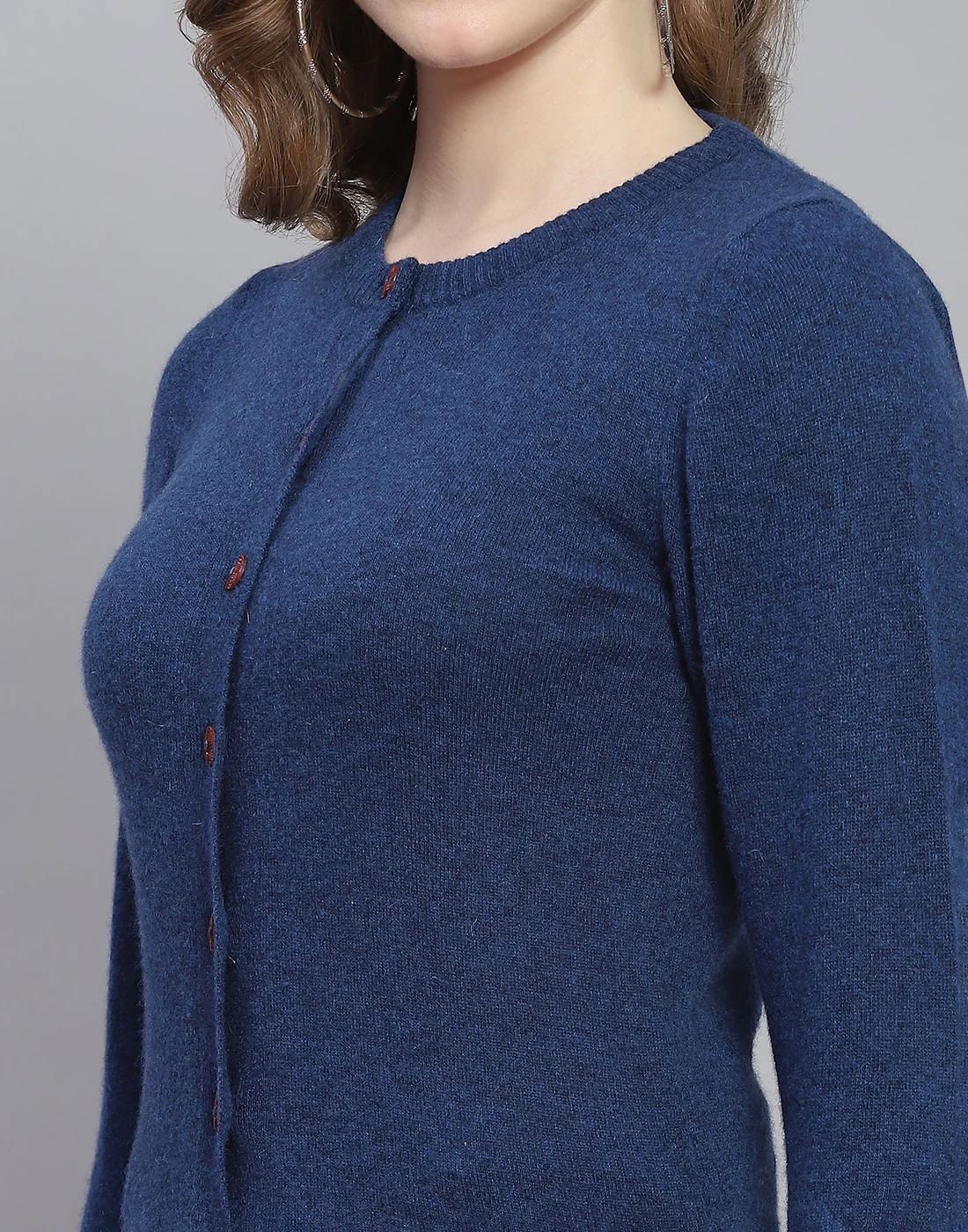 Women Blue Solid Round Neck Full Sleeve Cardigan - Image 6