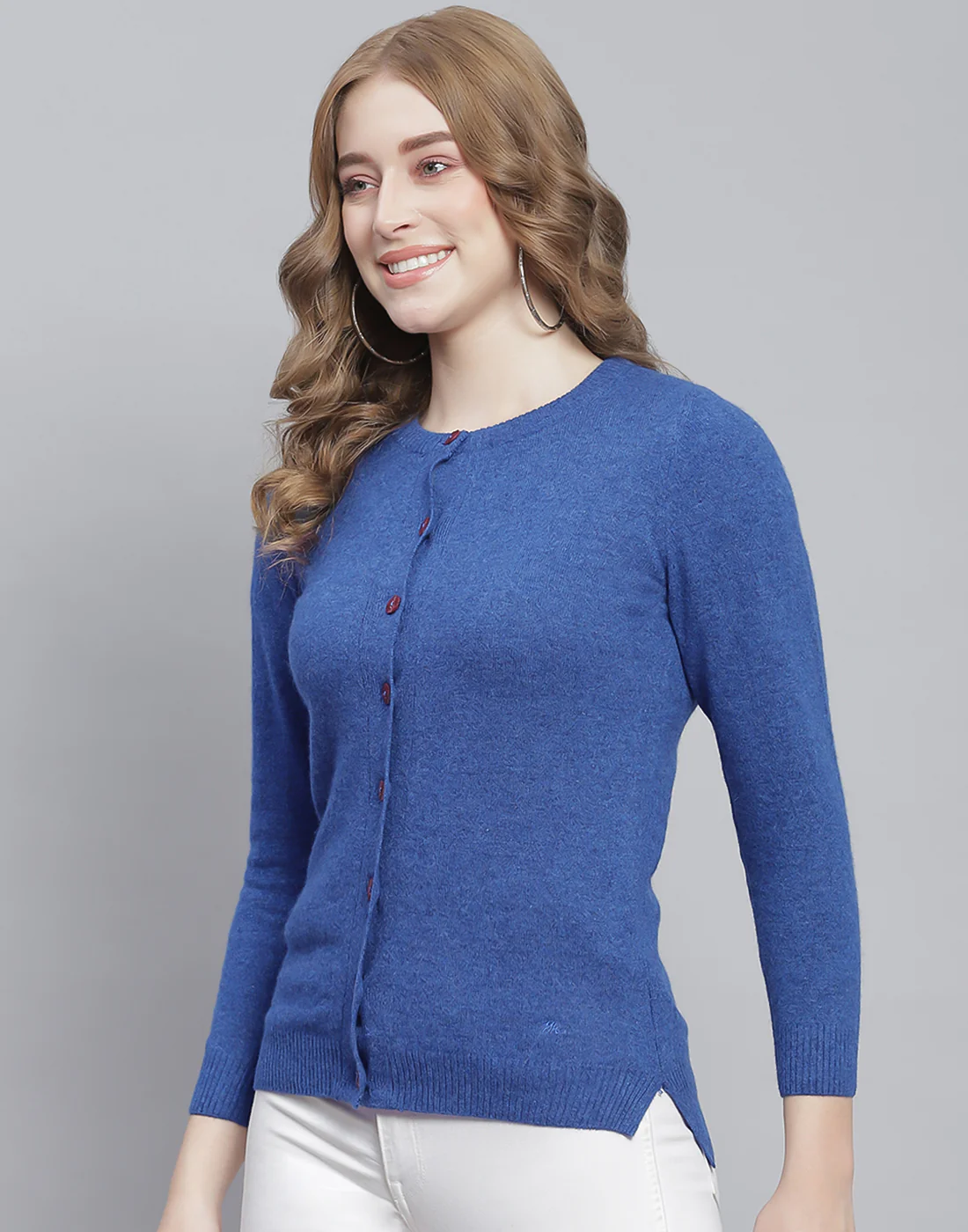 Women Blue Solid Round Neck Full Sleeve Cardigan - Image 3