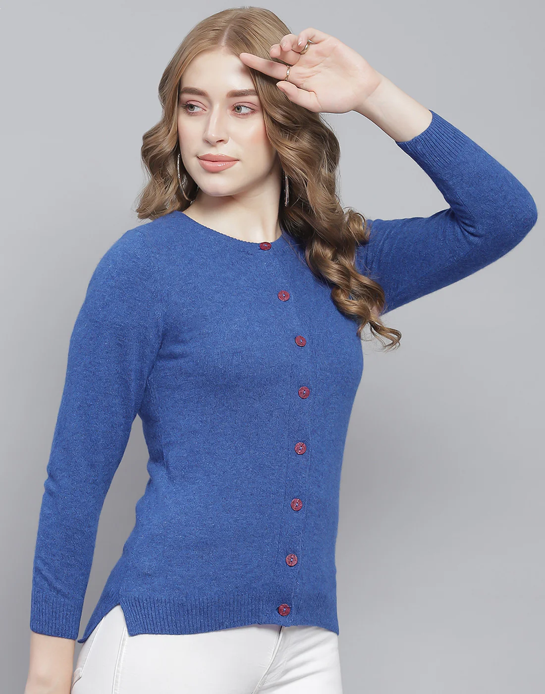 Women Blue Solid Round Neck Full Sleeve Cardigan - Image 4