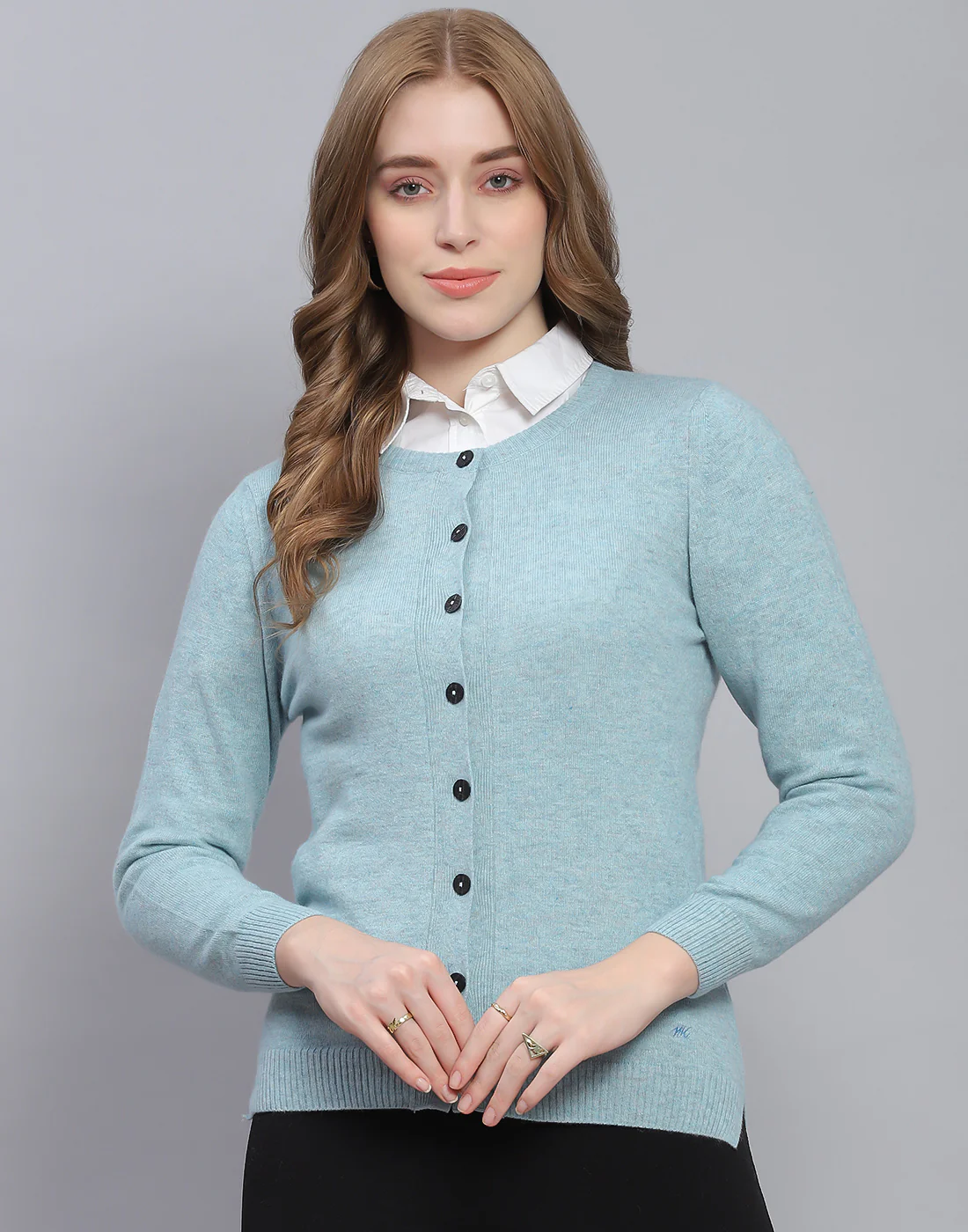 Women Blue Solid Round Neck Full Sleeve Cardigan - Image 2
