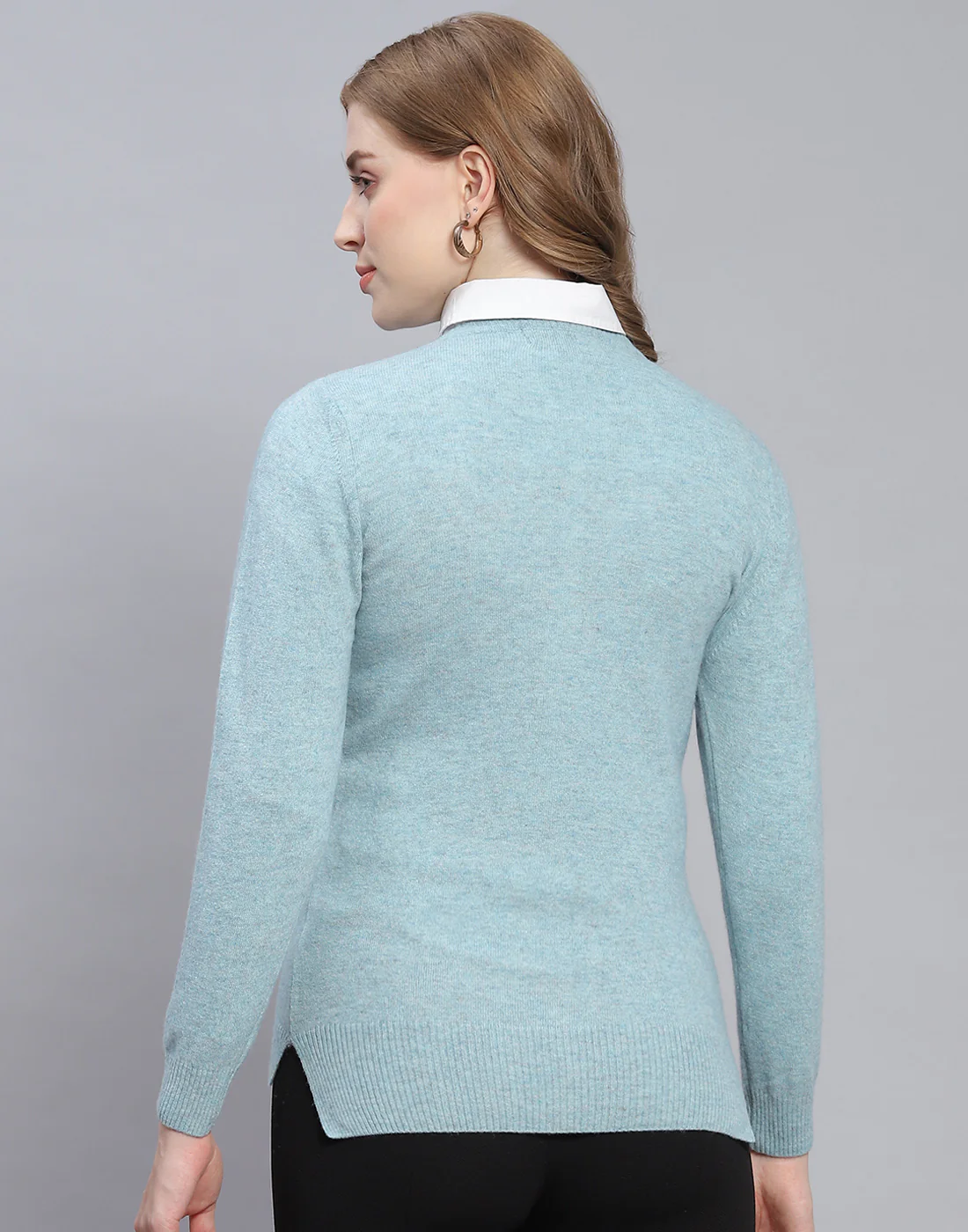 Women Blue Solid Round Neck Full Sleeve Cardigan - Image 5